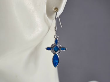 Womens Sterling Silver Blue Opal Cross Earrings