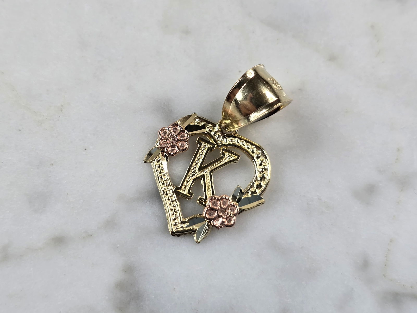 Womens 10K Yellow & Rose Gold Initial Letter " K " Heart Pendant (1 of 3)