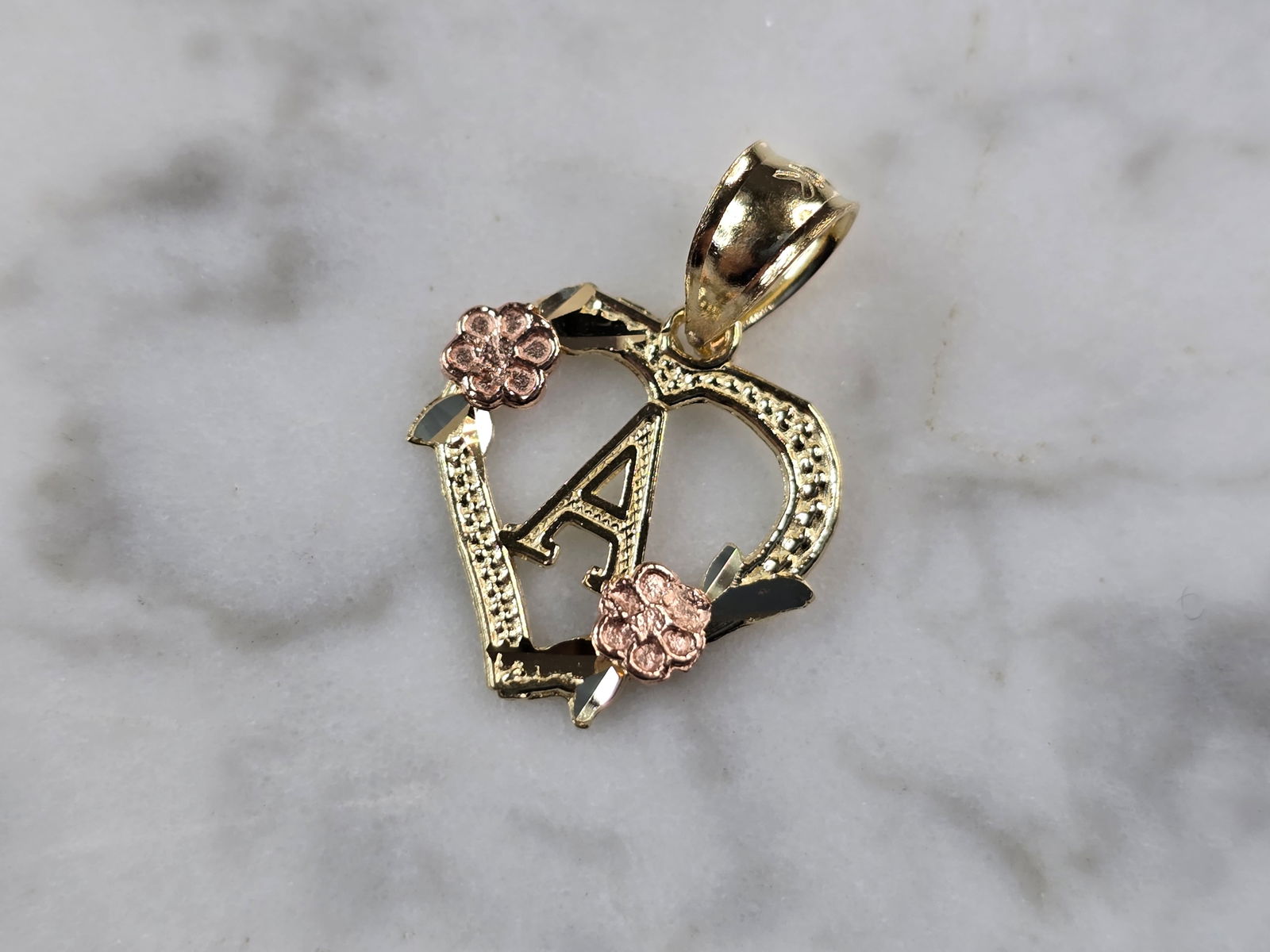 Womens 10K Yellow & Rose Gold Initial Letter " A " Heart Pendant (1 of 3)