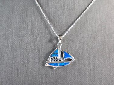 Womens Sterling Silver Blue Opal Sailboat Pendant Necklace