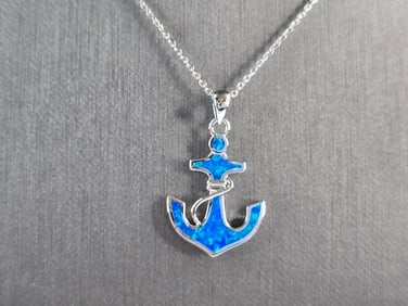 Womens Sterling Silver Blue Opal Maritime Anchor Pendant Necklace