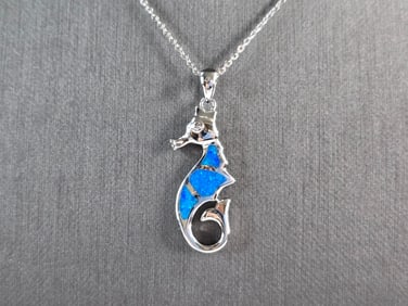 Womens Sterling Silver Blue Opal Seahorse Pendant Necklace