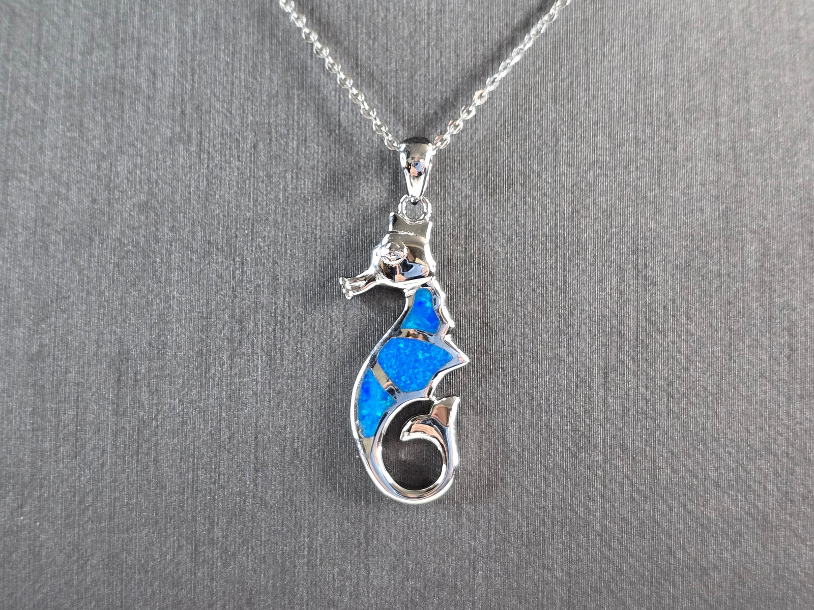 Womens Sterling Silver Blue Opal Seahorse Pendant Necklace (1 of 4)