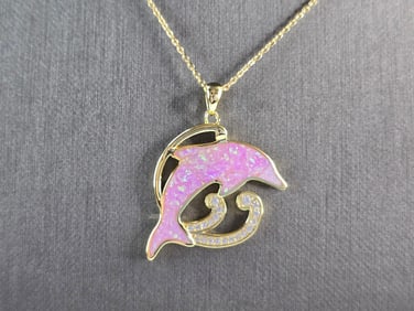 Womens Sterling Silver Gold Tone Pink Opal Dolphin Pendant Necklace