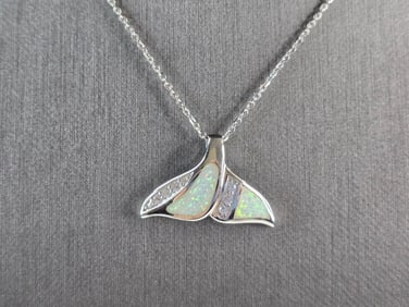 Womens Sterling Silver Opal Modernist Whale Tail Pendant Necklace