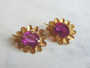 Womens Vintage 14K Gold Dangle Earrings w/ Pink Stones
