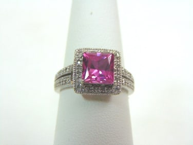 Womens Estate 10K White Gold Pink Sapphire Diamond Ring