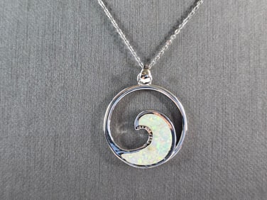 Womens Sterling Silver Opal Wave Pendant Necklace
