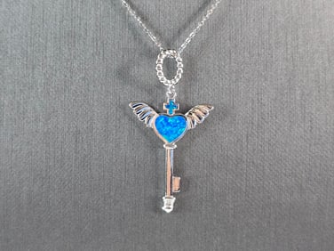 Womens Sterling Silver Blue Opal Winged Cross Heart Pendant Necklace