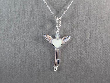 Womens Sterling Silver Opal Winged Cross Heart Pendant Necklace