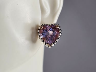 Womens Estate Sterling Silver Rose Gold Tone Amethyst Heart Earrings