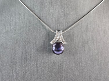 Womens 10K White Gold Diamond Pearl Pendant w/ 14k Necklace