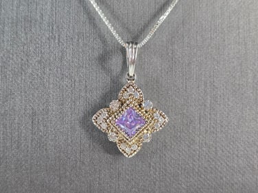 Womens Estate Sterling Silver Amethyst CZ Pendant w/ Necklace