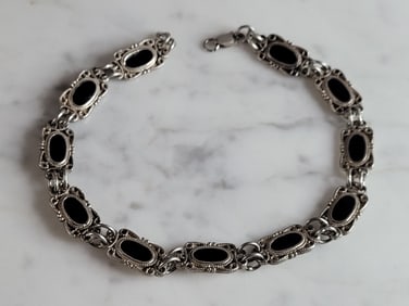 Womens Vintage Estate Sterling Silver Onyx Bracelet