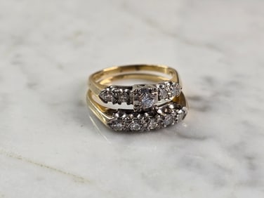 Womens Vintage Estate 14K Yellow Gold Diamond Engagement Ring Set