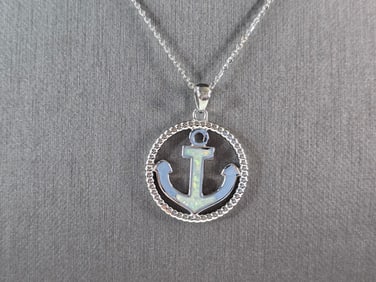 Womens Sterling Silver Opal Maritime Anchor Pendant Necklace