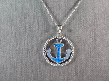 Womens Sterling Silver Blue Opal Maritime Anchor Pendant Necklace