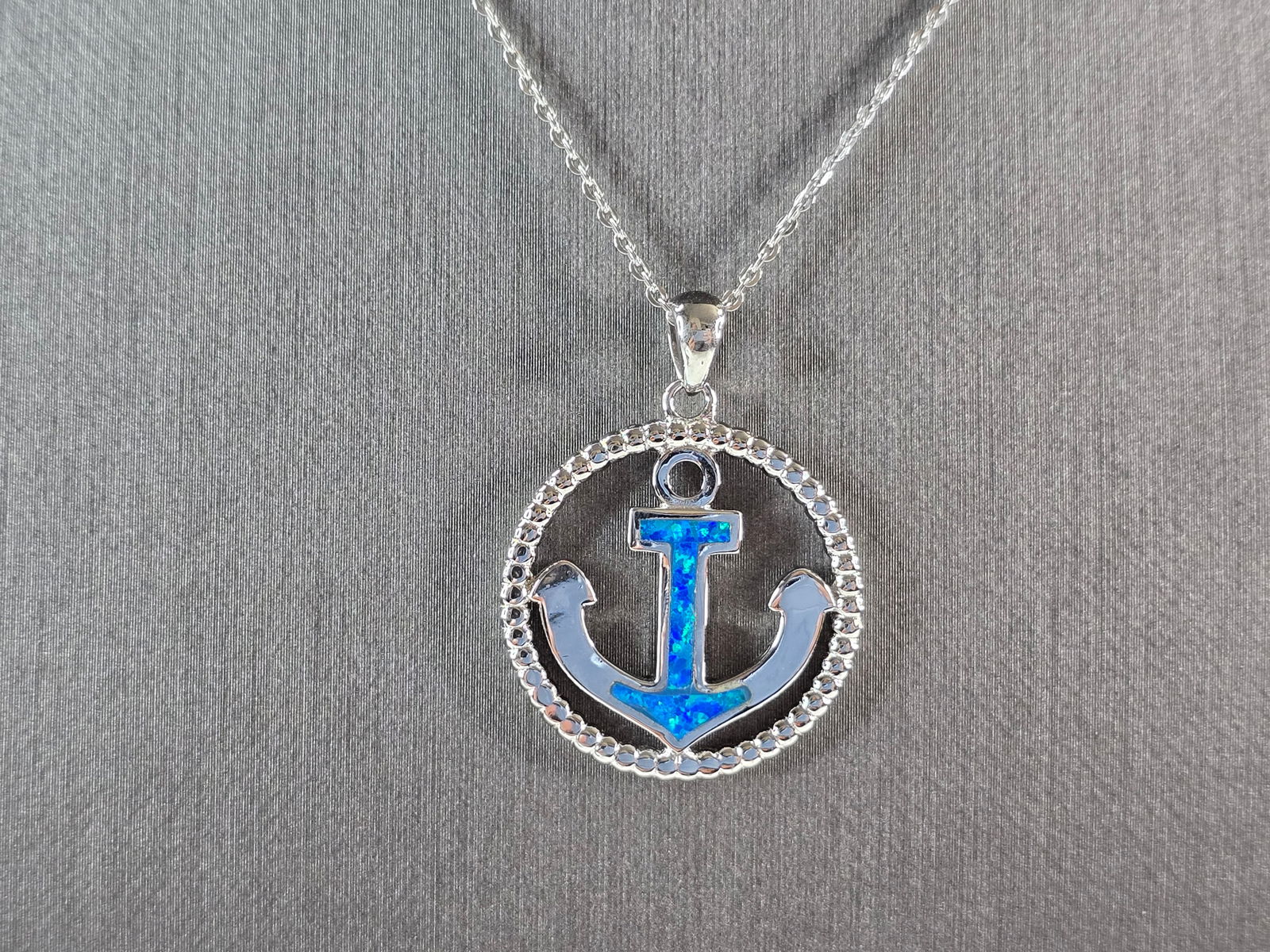 Womens Sterling Silver Blue Opal Maritime Anchor Pendant Necklace (1 of 4)