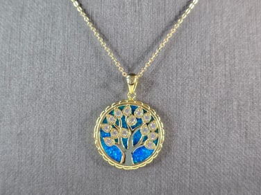 Womens Sterling Silver Gold Tone Opal Tree of Life Pendant Necklace