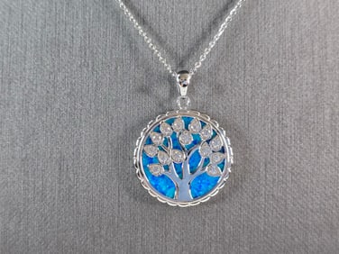 Womens Sterling Silver Blue Opal Tree of Life Pendant Necklace