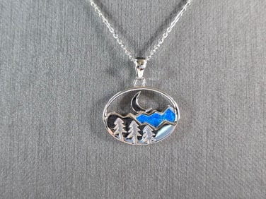 Womens Sterling Silver Blue Opal Mountain Moon Tree Pendant Necklace