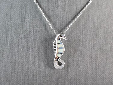 Womens Sterling Silver Opal Seahorse Pendant Necklace