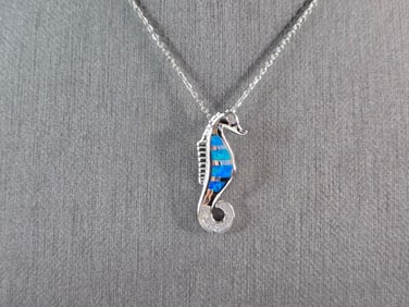 Womens Sterling Silver Blue Opal Seahorse Pendant Necklace
