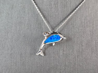 Womens Sterling Silver Blue Opal Dolphin Pendant Necklace