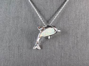Womens Sterling Silver Opal Dolphin Pendant Necklace