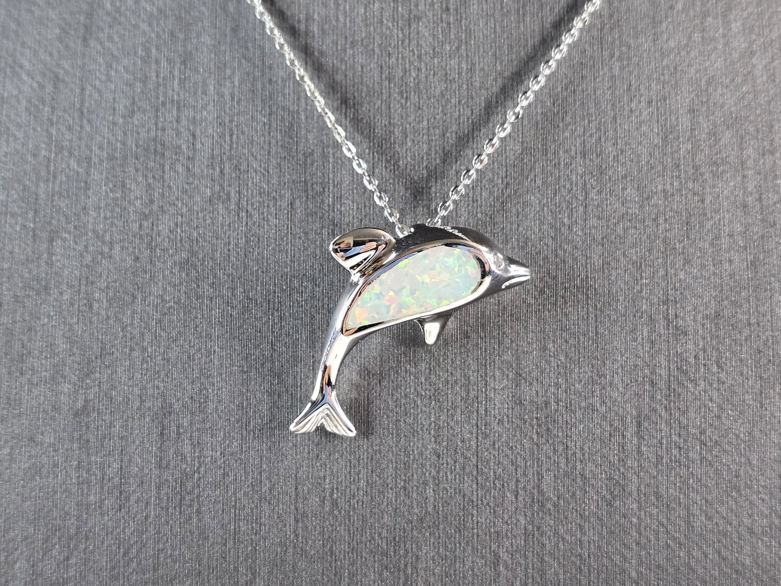 Womens Sterling Silver Opal Dolphin Pendant Necklace (1 of 4)