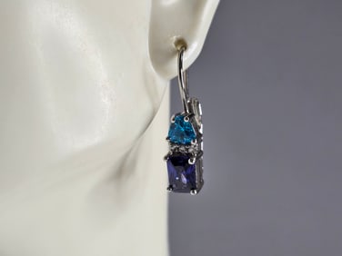 Womens Sterling Silver Tanzanite Aquamarine Earrings