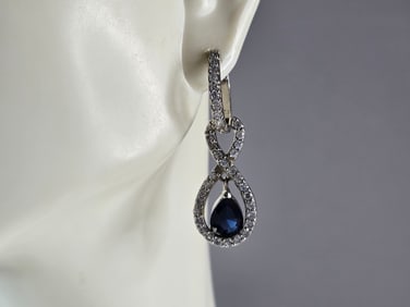 Womens Vintage Estate Sterling Silver Sapphire CZ Earrings