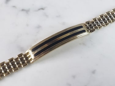Mens Vintage Estate 14k Yellow & White Gold Onyx Bracelet