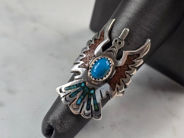 Womens Sterling Silver Southwestern Turquoise Thunderbird Ring