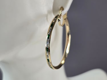 Womens 14K Yellow Gold Emerald & CZ Hoop Earrings