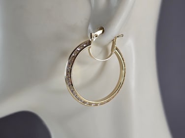 Womens 14K Yellow Gold CZ Hoop Earrings