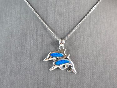 Womens Sterling Silver Blue Opal Dolphin Pendant Necklace