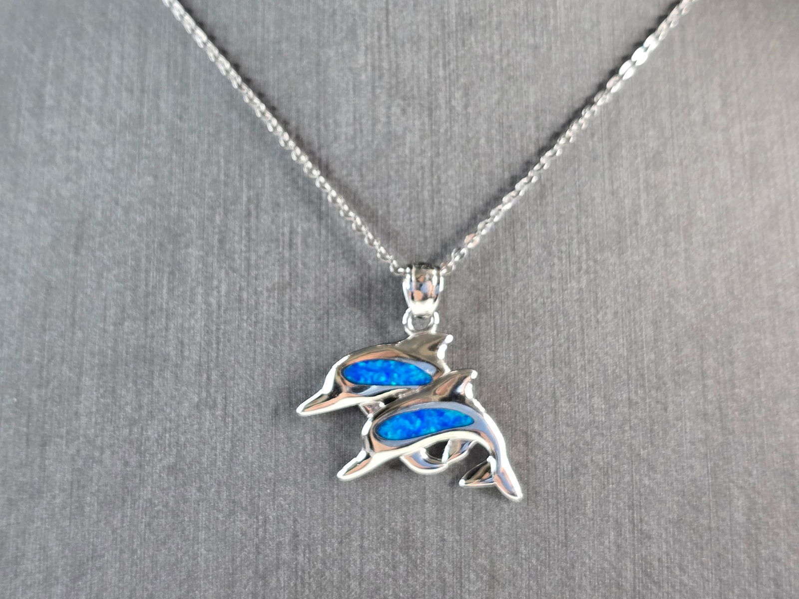 Womens Sterling Silver Blue Opal Dolphin Pendant Necklace (1 of 4)