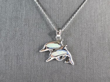 Womens Sterling Silver Opal Dolphin Pendant Necklace