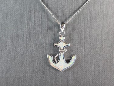Womens Sterling Silver Opal Anchor Pendant Necklace