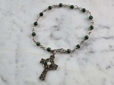 Womens Vintage Solvar Sterling Silver Beaded Celtic Cross Bracelet