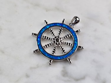 Womens Sterling Silver Blue Opal Maritime Ship Wheel Pendant