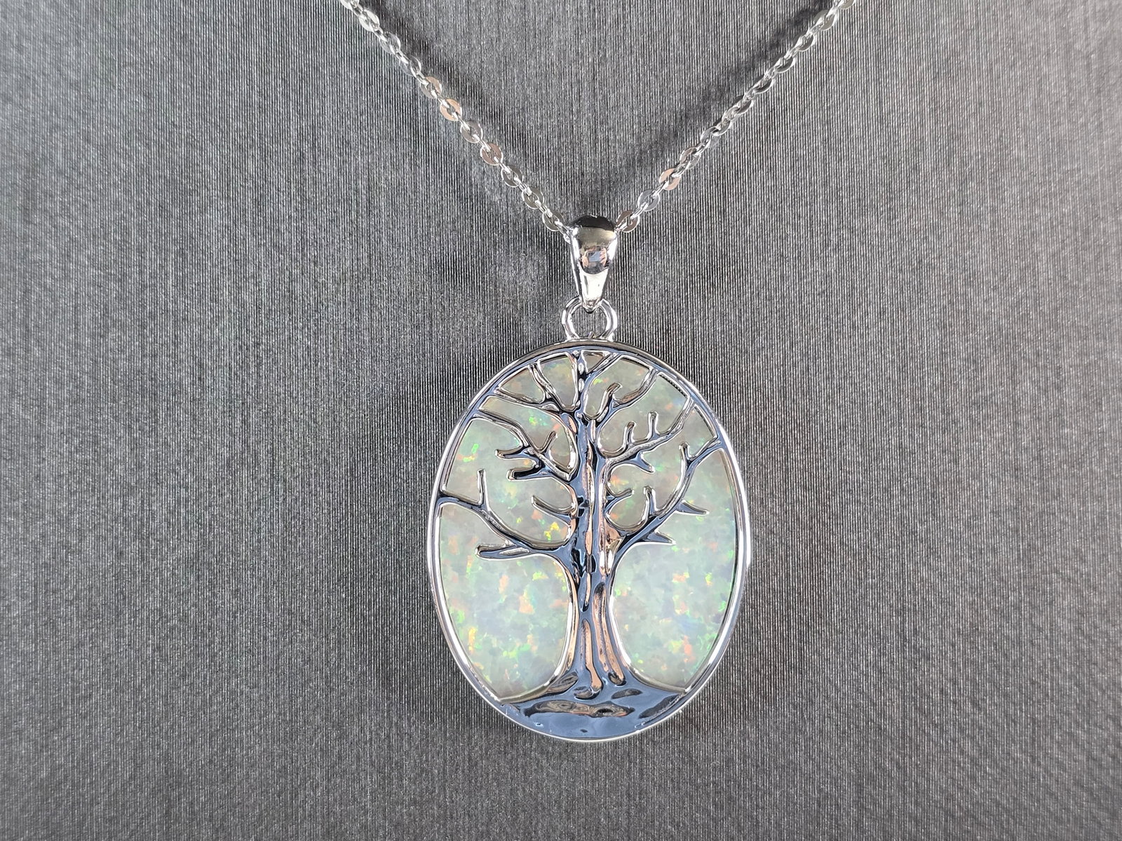 Womens Sterling Silver Opal Tree of Life Pendant Necklace (1 of 4)