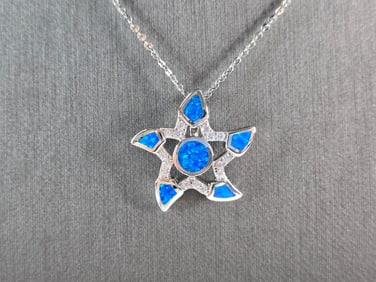 Womens Sterling Silver Starfish Blue Opal Pendant Necklace