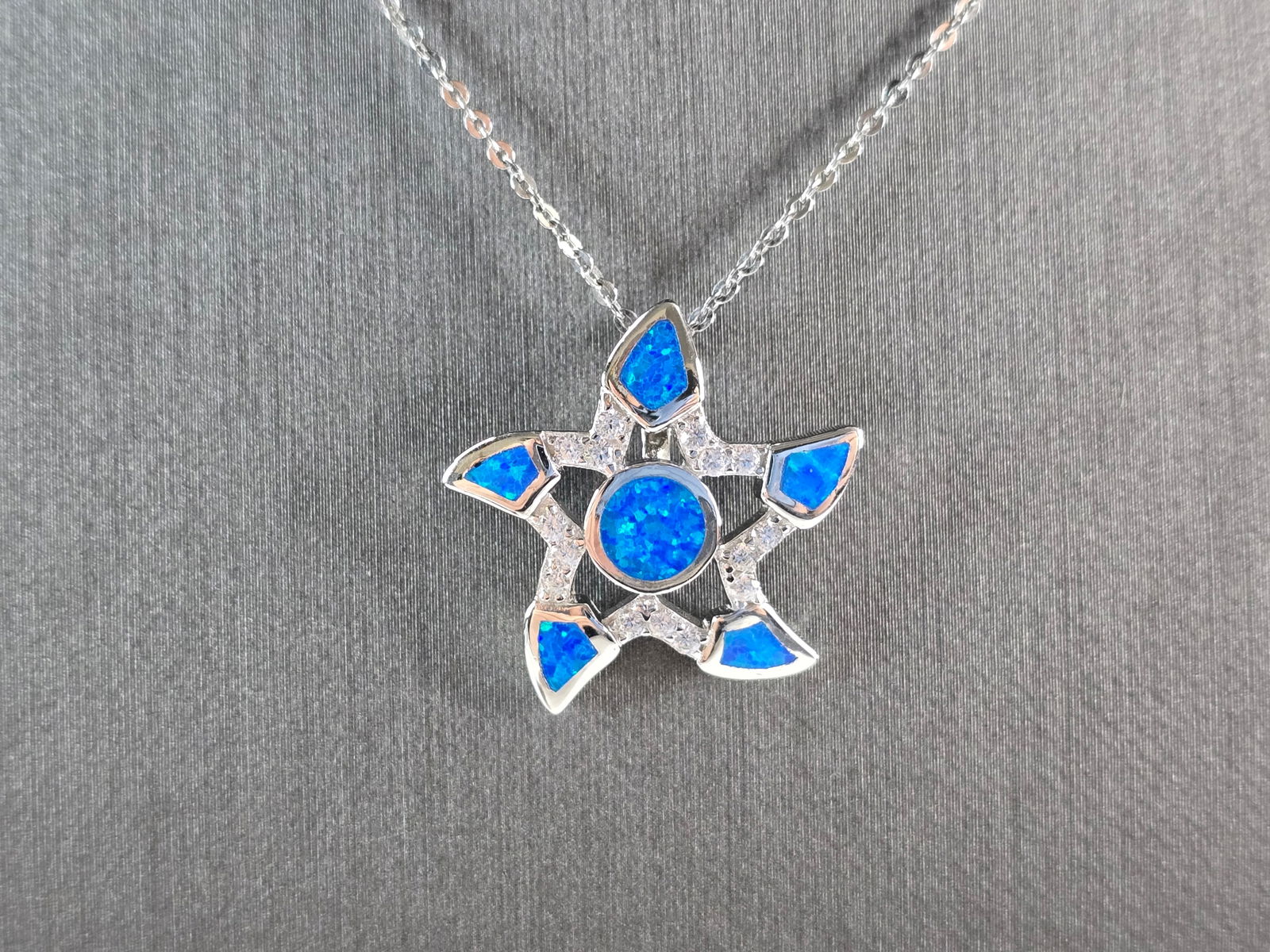 Womens Sterling Silver Starfish Blue Opal Pendant Necklace (1 of 4)