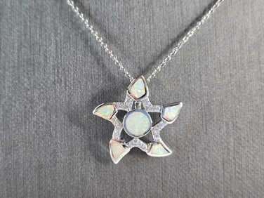 Womens Sterling Silver Starfish Opal Pendant Necklace