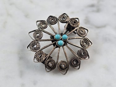 Womens Vintage Estate Sterling Silver Turquoise Filigree Brooch
