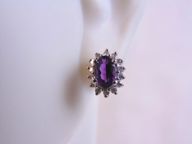 Womens Vintage 14K White Gold Diamond Amethyst Earrings