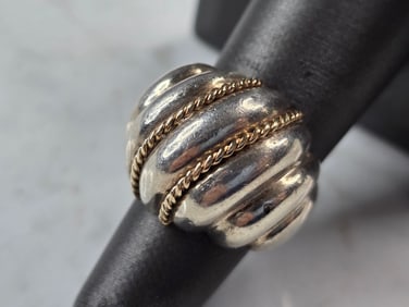 Womens Vintage Estate Sterling Silver 14K Gold Modernist Ring