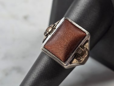 Mens Vintage Estate Sterling Silver 10k GP Modernist Goldstone Ring